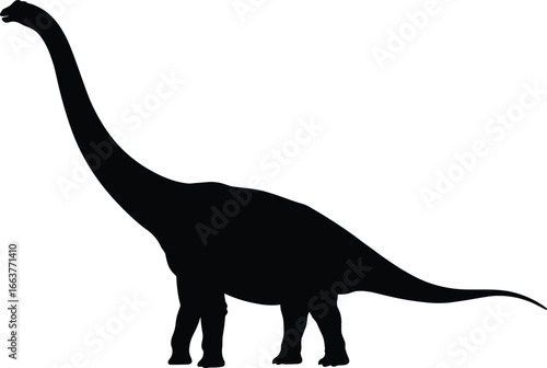 Black silhouette of a Brachiosaurus dinosaur, a large herbivore with a long neck. Jurassic period creature. Isolated on white background. Vector flat illustration