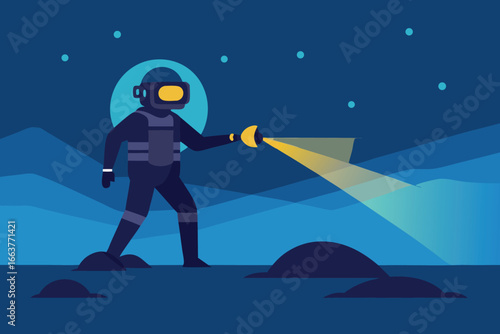 An astronaut explores a distant moon at night, using a torch to light the way across the rocky landscape under a starry sky, vector illustration