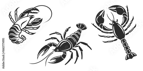 Stylized Black Lobster and Crayfish Illustrations