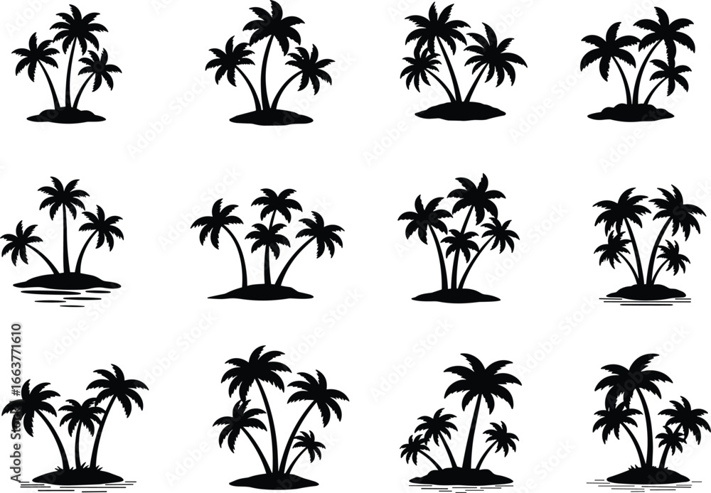 Fototapeta premium Collection of black palm tree silhouettes isolated on white background. Set of palm groups. Tropical island vacation travel summer beach vector flat illustration