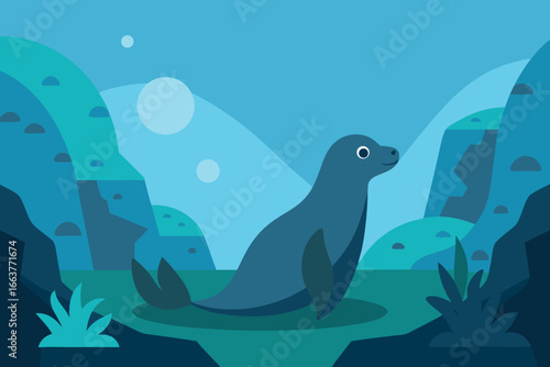 A charming seal sits peacefully amidst a serene landscape of mountains and water, bathed in the soft glow of the moon, creating a tranquil scene