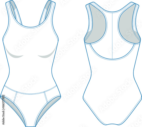 One-piece swimsuit fashion sketch, flutter sleeve design, high-leg cut layout, cad drawing flat vector illustration, garment template, icon