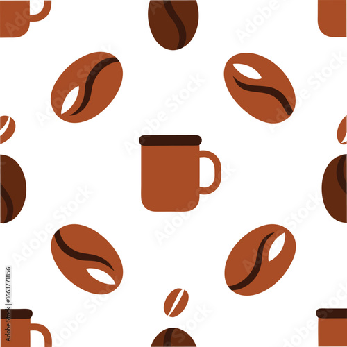 Seamless pattern with coffee beans and cups on is perfect for textile, wallpaper, and other creative projects