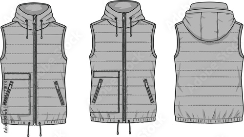 CAD drawing flat vector illustration of hooded sleeveless vest, front side and back views, fashion sketch, zipper detail, drawstring hood, technical apparel layout, template design