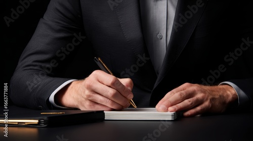 Caucasian male adult in suit writing notes with pen on notepad in dark setting