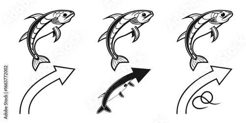 Stylized Fish Swimming Upstream with Arrows