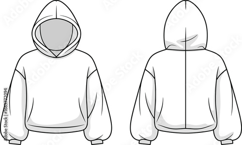 Oversized hoodie fashion cad drawing, long sleeve sweatshirt with hood, cropped casual style, flat vector technical sketch illustration