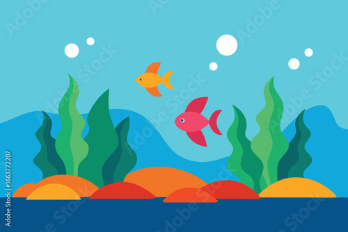 Two colorful fish swim among seaweed and rocks in a vibrant underwater scene, creating a playful and inviting aquatic environment