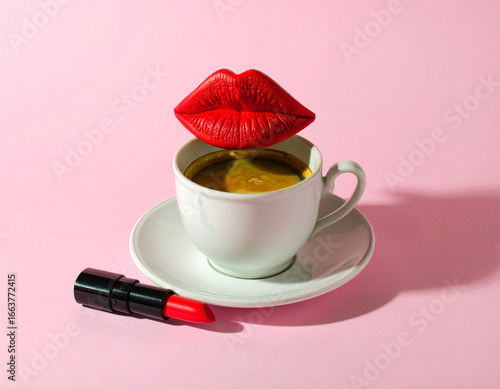 A cup of coffee and red lipstick, a creative composition on a pastel pink background, morning routine concept.