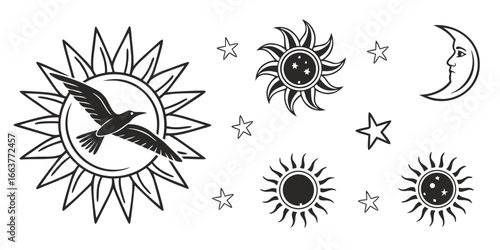 Stylized Sun, Moon, Stars, and Bird Graphics
