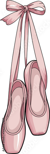 Pink ballet shoes hanging by ribbons, delicate dance footwear, graceful pointe shoes, ballet slippers, soft satin material, feminine dance accessory, classical ballet gear, elegant performance shoes