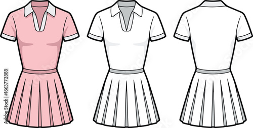 Polo collar tennis dress, pleated skirt activewear, short sleeve fashion CAD, technical flat sketch, vector apparel design, sporty outfit