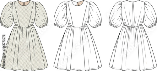 Puff sleeve dress fashion sketch with belt detail, pleated skirt and neckline layout, cad drawing flat vector illustration, garment template