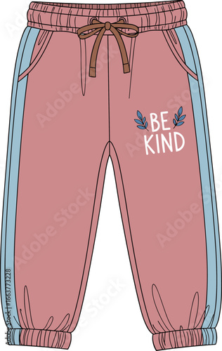 Cute and casual baby jogger pants design with a 'be kind' typography graphic and side stripes, perfect for children's fashion