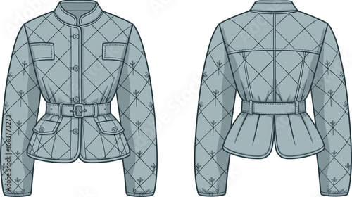 Quilted women’s jacket with belt, long sleeves, button closure, mandarin collar, elegant casual outerwear, stylish design, warm, modern, detailed stitching, cad drawing flat vector illustration