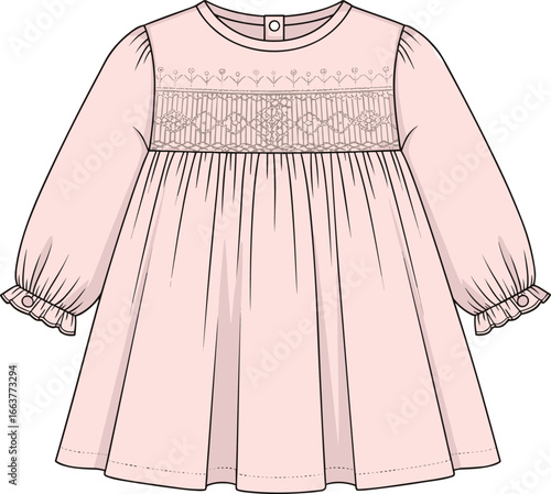 Elegant smocked baby dress design with long sleeves and frilled cuffs, perfect for a vintage-inspired children's clothing collection