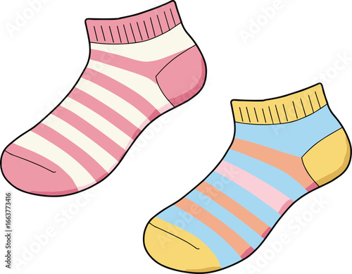 Vector drawing of a pair of striped socks in different colors for clothing, fashion, and textile design