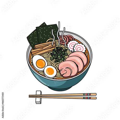 A vibrant bowl of ramen featuring noodles, pork, egg, seaweed, and fish cake, complemented by chopsticks and a chopstick rest