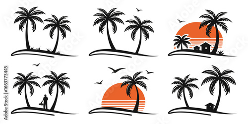 Tropical Beach Sunset Palm Tree Silhouettes