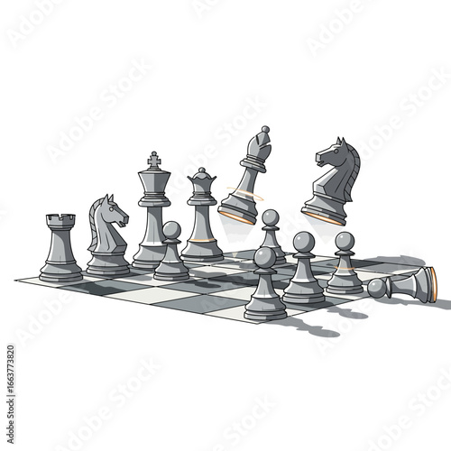Animated chess pieces levitating on a chessboard with dynamic shadows and a fallen pawn, conveying strategic gameplay and board game themes