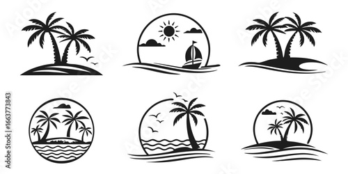 Tropical Island Palm Tree Beach Scene Silhouettes