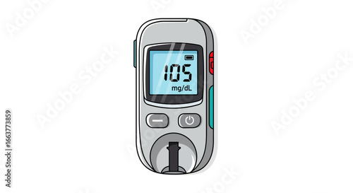 Blood glucose meter showing 105 mg/dL reading for diabetes management and health monitoring with battery indicator for medical care