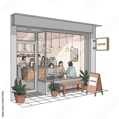 Charming coffee shop illustration showcasing customers enjoying beverages and a cozy ambiance with baristas working