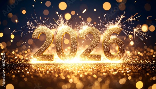 Sparkling golden numerals 2026 illuminate a festive, celebratory scene, set against a backdrop of glittering lights and sparking fireworks.