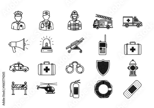 Emergency Services and Public Safety Icons A Comprehensive Set in Black and White