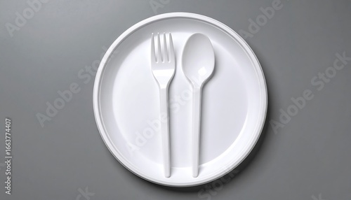Disposable Plastic Tableware: A White Plate with a Fork and Spoon on a Gray Background