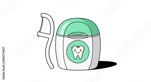 Dental hygiene illustration featuring floss container and pick for healthy teeth and gums, promoting oral care and a bright smile