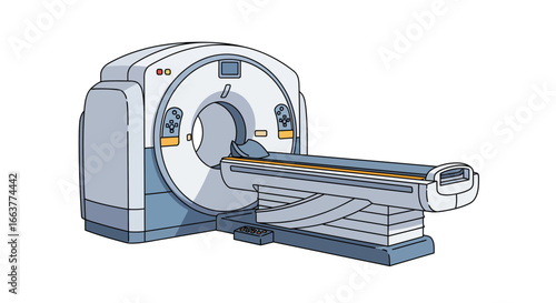 Detailed vector illustration of a CT scanner machine used for medical diagnostic imaging and healthcare analysis