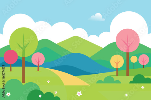 Scenic spring landscape with rolling green hills, colorful trees, and a winding path under a bright blue sky with fluffy white clouds