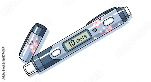 Digital insulin pen with cherry blossom design displaying 10 units for diabetes management and healthcare