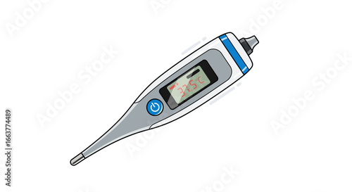 Digital thermometer displaying a high fever temperature reading of 37.5 degrees Celsius indicator for illness