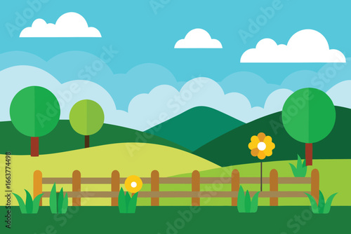 Idyllic countryside scene with green hills, trees, a wooden fence, and vibrant flowers under a blue sky with fluffy white clouds