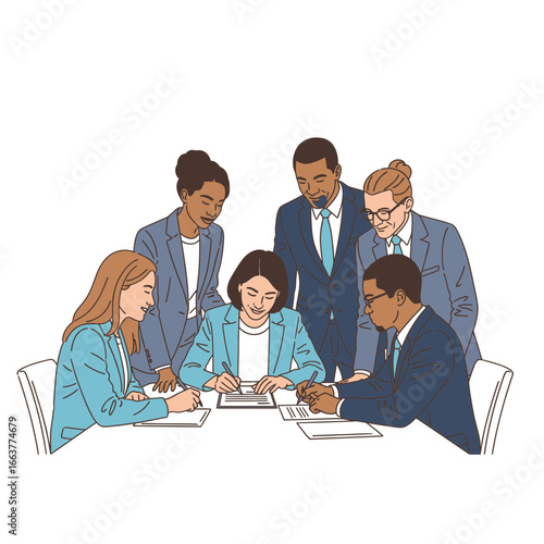 Diverse business team collaborating on a contract signing at a table in a modern office setting, symbolizing partnership and agreement