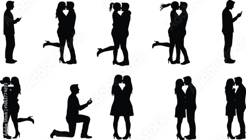 Romantic couple silhouette collection, kissing, hugging, proposing, modern love concept, heart shape cutout, vector illustration, black and white design