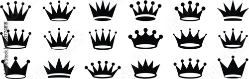 Royal crown silhouette icons set, vector illustration of queen crowns, luxury crown shapes, black royal symbol, monarchy design, king crown flat graphic elements