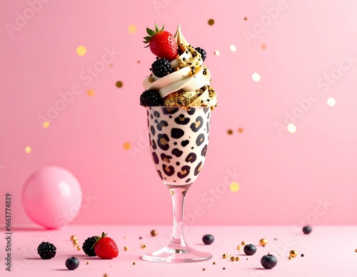 A cocktail glass with chocolate ice cream dessert decorated with strawberry, inspired by animal print.