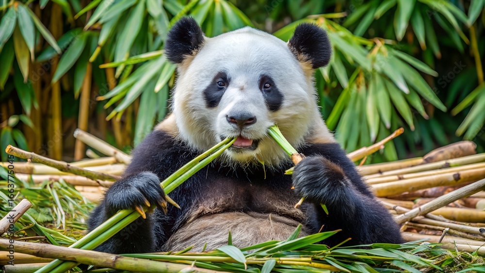 Obraz premium Panda bear eating bamboo shoots