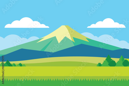 Majestic mountain landscape with a snowcapped peak, surrounded by green fields and trees under a clear blue sky with fluffy clouds