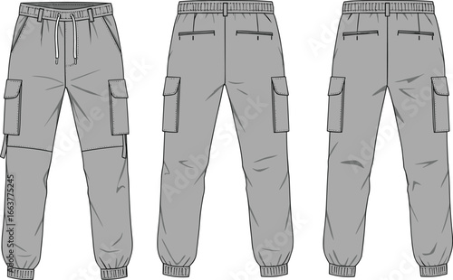 CAD drawing flat vector illustration of cargo jogger pants, front side and back views, utility pocket design, drawstring waistband, stylish streetwear layout, fashion template