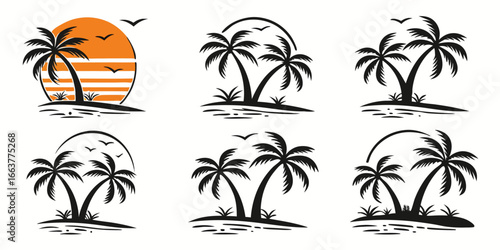 Tropical Palm Trees and Sunset Beach Scene Illustrations