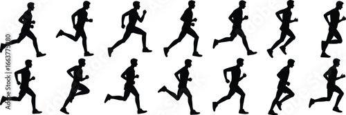 Running man silhouette vector set, jogging poses, athlete sprinting illustrations, fitness workout design, sports motion graphic, black male runner clipart