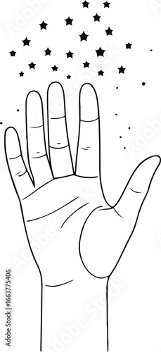 Minimal outline of a hand releasing small stars, bold clean vector design