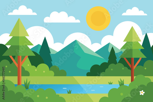 A serene landscape illustration featuring lush greenery, majestic mountains, and a tranquil river under a bright sun and fluffy clouds