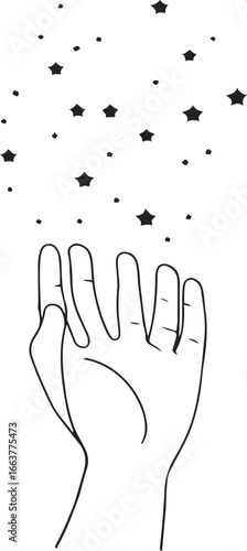 Minimal outline of a hand releasing small stars, bold clean vector design 2