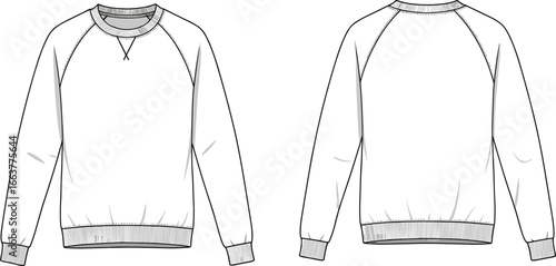 Raglan sleeve sweatshirt crewneck jumper technical flat sketch with front and back views, cad drawing flat vector illustration for apparel design mockup.
