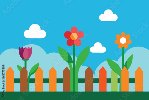 A vibrant garden scene with colorful flowers blooming behind a wooden fence under a bright blue sky with fluffy white clouds, creating a cheerful atmosphere